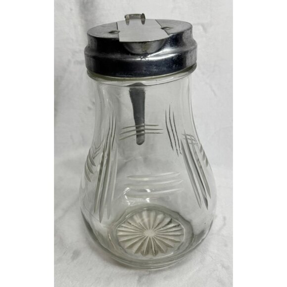 Vintage 8.5" Etched Glass Syrup Dispenser With Metal Flap Lid & Handle - Picture 14 of 14